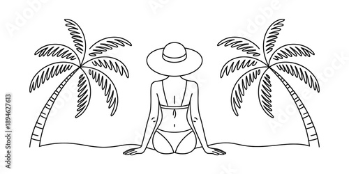 Woman in bikini and hat relaxing on a sandy beach between two tropical palm trees