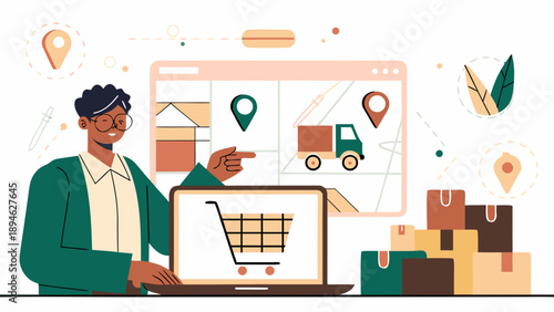 E commerce manager analyzing online store performance and sales data on laptop with shopping cart and delivery tracking