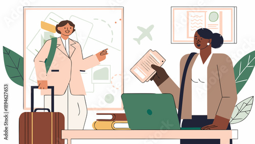 Business professionals planning a trip with suitcase and laptop at office desk