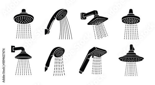 A collection of four different shower head designs displayed in a repeated pattern on transparent background silhouette high quality professional detailed