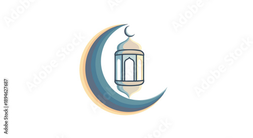 A crescent moon with a lantern hanging from it.