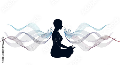 Meditating woman silhouette with colorful wavy lines background yoga and mindfulness concept