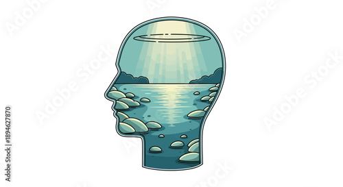 Illustration of a human head with a serene lake and sky inside symbolizing thoughts and emotions