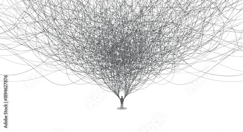 Bare tree with tangled branches on white background symbolizing isolation and simplicity in nature