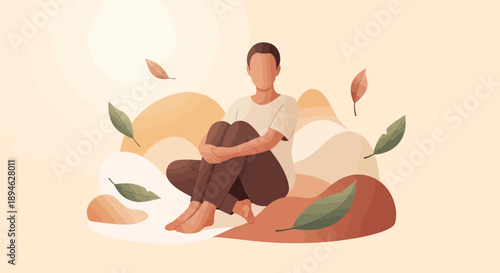 Person sitting cross legged on ground surrounded by leaves and rocks in serene environment