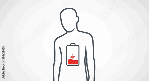 Person with low battery symbol on chest indicating fatigue or energy depletion