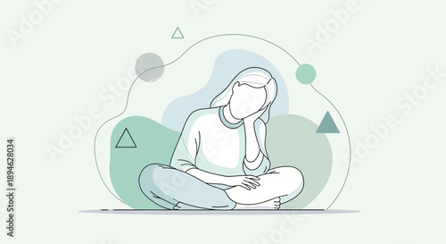 Woman meditates in serene setting with geometric shapes and soothing colors around her