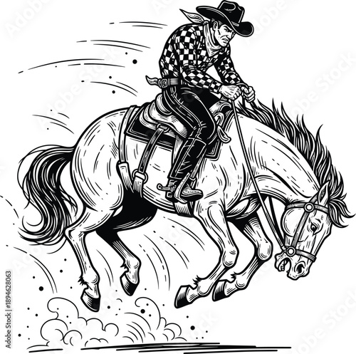 Dynamic black and white illustration of a rodeo cowboy in a checkered shirt riding a powerful bucking horse.
