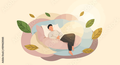 Woman sleeps peacefully on a pillow surrounded by leaves and a dreamy atmosphere