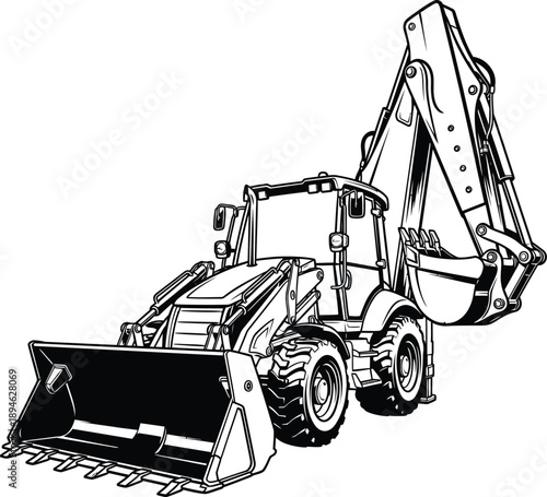 Dynamic black and white line art of a backhoe loader with its front bucket down and rear excavator arm raised.