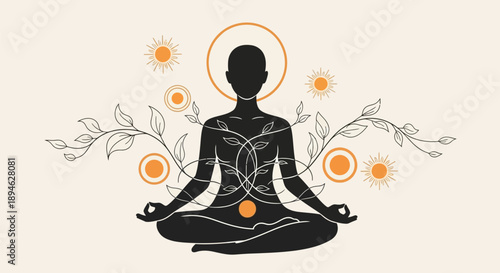 Meditating person with aura and chakras surrounded by flowers and leaves in a serene environment for yoga