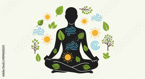 Person meditates surrounded by leaves sun and nature elements in a peaceful environment