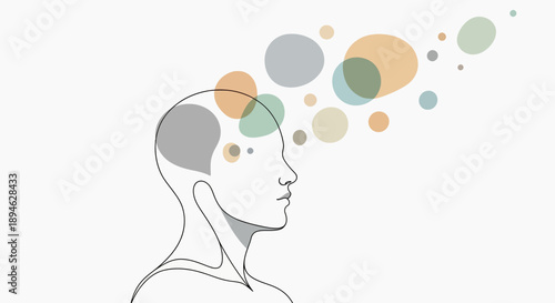 Mindful person with thoughts and ideas flowing from head in colorful bubbles
