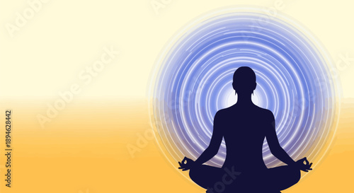 Person meditates in lotus position with blue aura gradient background