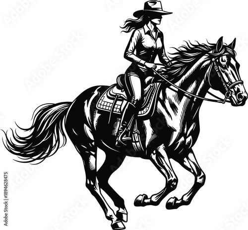 Highcontrast black and white illustration of a cowgirl in a cowboy hat riding a powerful galloping horse with a flowing mane and tail.