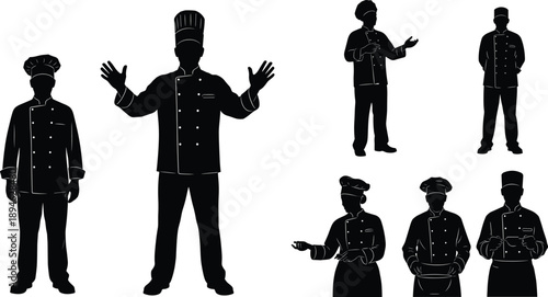 Chef silhouettes set with professional kitchen staff poses, cooking and restaurant service concept, black and white vector illustration
