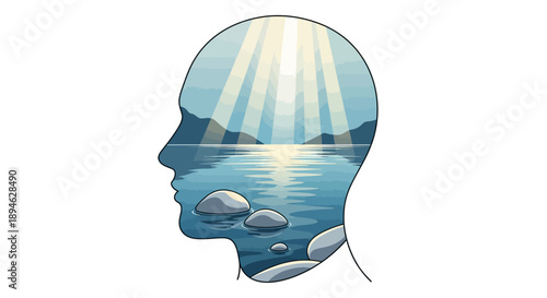 Serene head silhouette with calm ocean and sunlight reflecting peacefulness inside