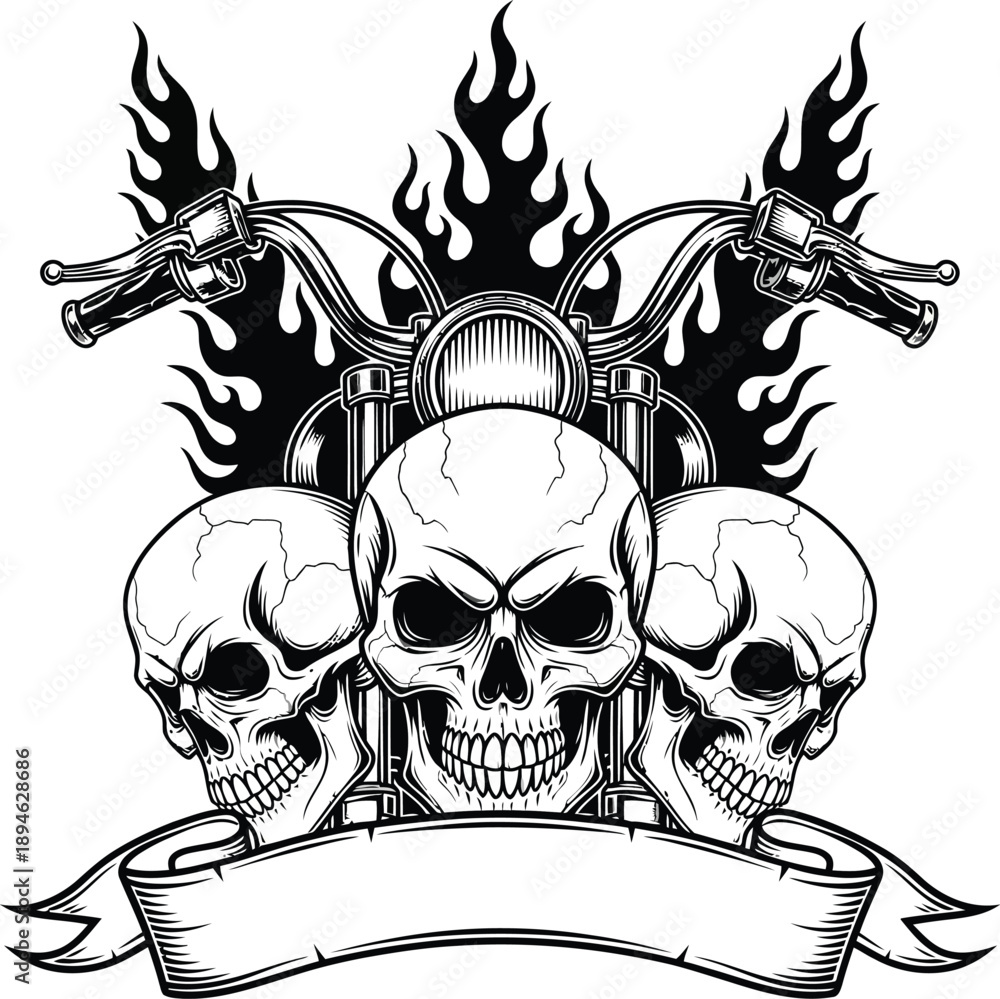 Obraz premium Menacing trio of skulls with motorcycle handlebars tribal flames and a blank banner in a detailed black and white illustration.