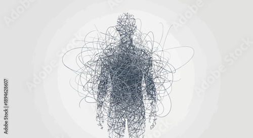 Human silhouette composed of tangled lines and scribbles on gray background