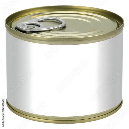 Silver tin can with gold lid and pull tab isolated on transparent background