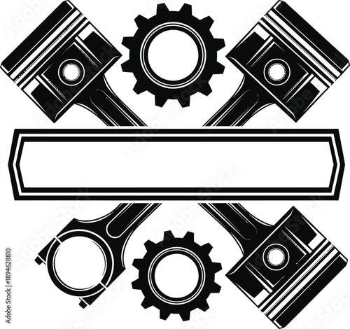 Monochrome automotive emblem featuring four crossed engine pistons two gears and a central blank banner.