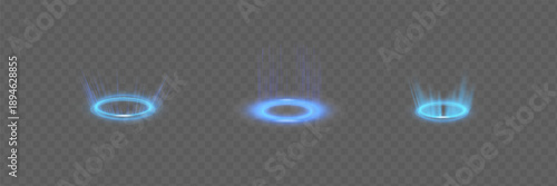 Circular portals, teleport, hologram gadget. Futuristic teleport. Projector HUD or podium for magic circle teleportation. Set of circle holograms.Empty podium light effect.