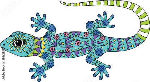 Colorful lizard illustration, decorative gecko animal art, vibrant floral tribal patterns design, cute reptile character isolated white background vector