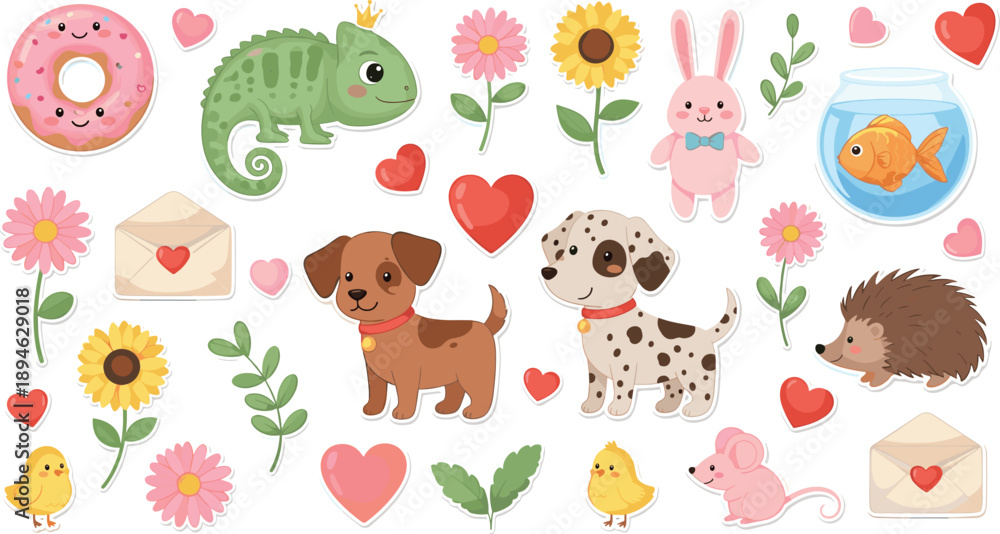 Obraz premium Cute Kawaii Animal Sticker Set Featuring Puppy Dog Chameleon Hedgehog Pink Bunny Goldfish and Sunflowers in Pastel Colors