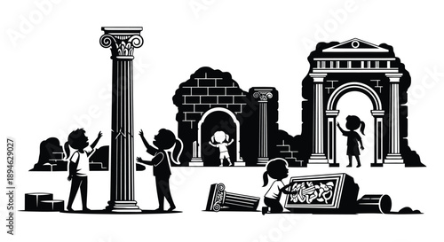A black and white illustration depicts children exploring ancient ruins with a column arch and artifacts on transparent background silhouette