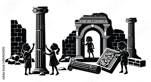 A black and white illustration of children amongst ancient roman ruins featuring a captivating silhouette on transparent background high quality professional