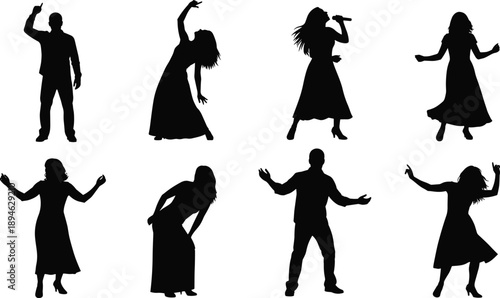 Dancing people silhouettes collection, joyful human poses, celebration movement set, black figures, party dancers isolated on white background