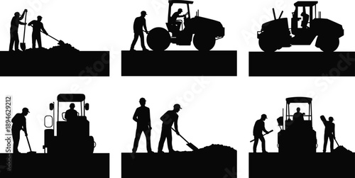 Road construction worker silhouettes with heavy machinery, builders digging and operating rollers, infrastructure development process isolated on white background