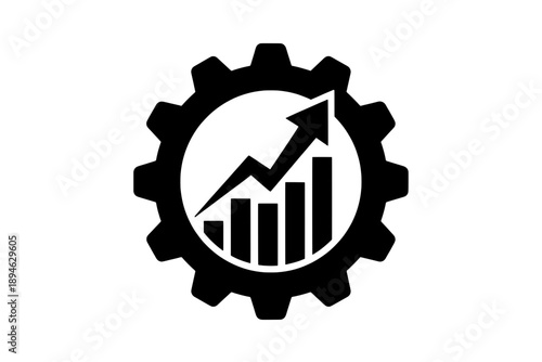 A professional black gear symbol containing an upward bar chart representing data-driven industrial optimization and financial growth. Silhouette vector graphic isolated on transparent background.