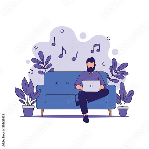 Relaxing at Home with Music and Laptop