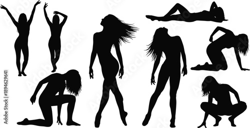 Female dancing silhouettes collection with dynamic poses, expressive body movement, black and white vector illustration for modern dance concepts