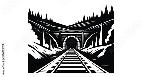 A striking black and white illustration depicts a railway tunnel and mountain range on transparent background silhouette high quality professional detailed