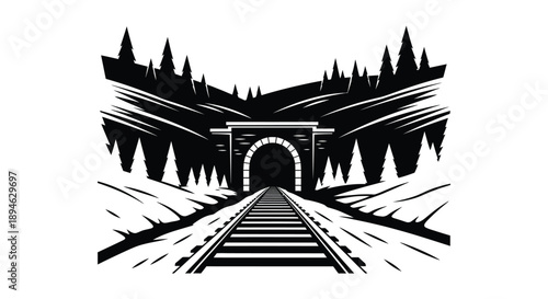 A striking black and white illustration of a railway track receding into a tunnel on transparent background silhouette high quality professional