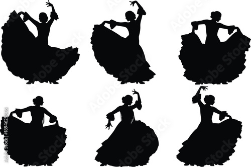 Flamenco dancer silhouettes collection with traditional Spanish dance poses, flowing dresses, black and white vector illustration set