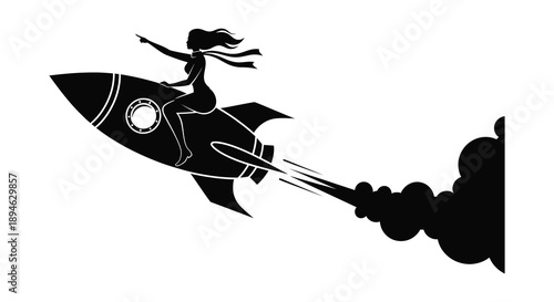 A woman riding a rocket ship through the air depicted in a dynamic and illustrative style on transparent background silhouette
