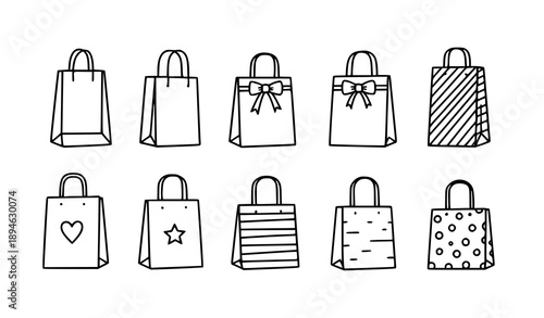 Paper shopping bag icons doodle set with hand-drawn outline vector illustration