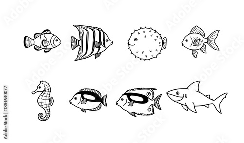 Hand-Drawn Fish Icon Set Vector with Underwater Sea Life Sketch Collection