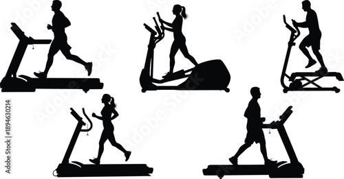 Gym fitness silhouettes set with treadmill and elliptical machines people running walking cardio workout exercise isolated black illustration