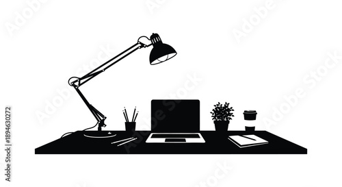 A black silhouette of a desk lamp laptop plants and stationery on transparent background high quality professional detailed modern elegant stylish