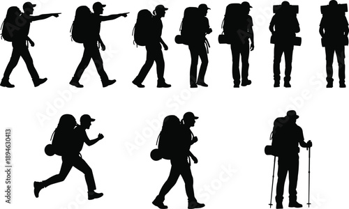 Hiking backpacker silhouettes set showing trekking and walking poses, outdoor adventure travelers, black and white vector illustration collection