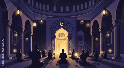 Muslims praying in a mosque at night illuminated by lanterns and architectural lighting representing faith and community