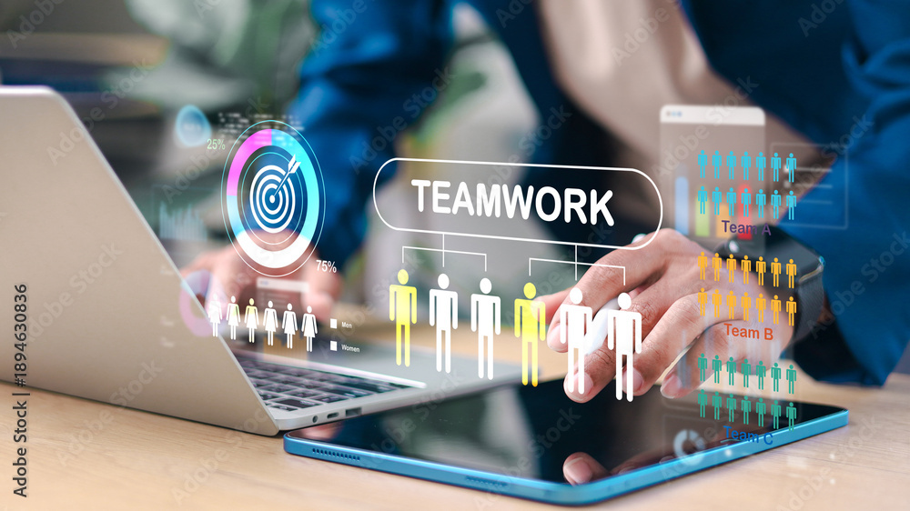 Obraz premium Teamwork and collaboration concept. Business team analyzing workforce data, performance metrics and organizational structure using digital technology interface.