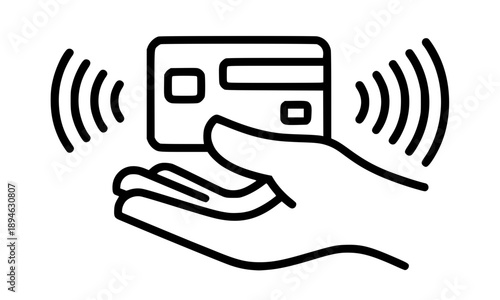 Modern contactless payment icon featuring a hand holding a credit card with wireless signal waves representing NFC technology digital banking and secure electronic transactions.