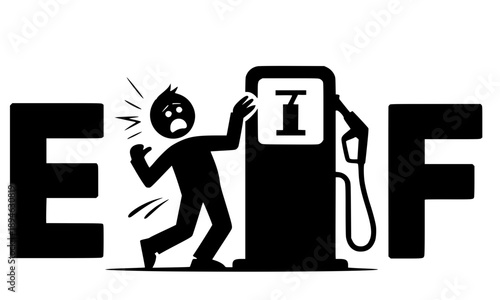 Shocked stick figure character reacting to high gas prices at a fuel pump between empty and full indicators representing inflation energy costs and expensive fossil fuels.