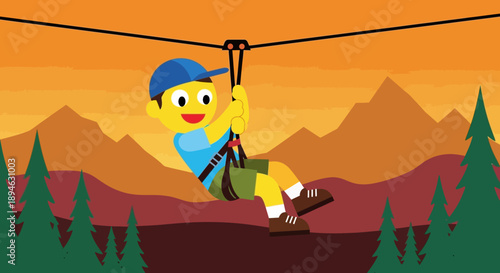 Happy child on a zip line adventure in the mountains at sunset.