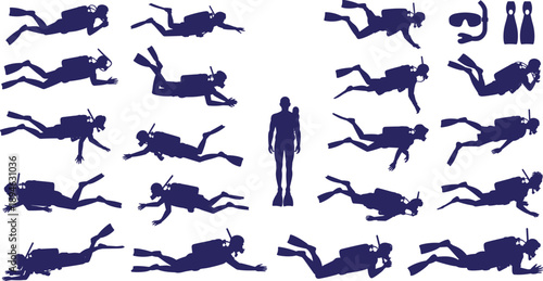 Scuba diving silhouette illustration set featuring underwater divers swimming snorkeling freediving equipment poses ocean sport activity solid blue vector collection